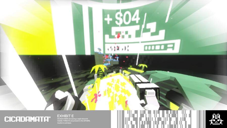 Rapid descent through a green level with a +$04 score popup on screen